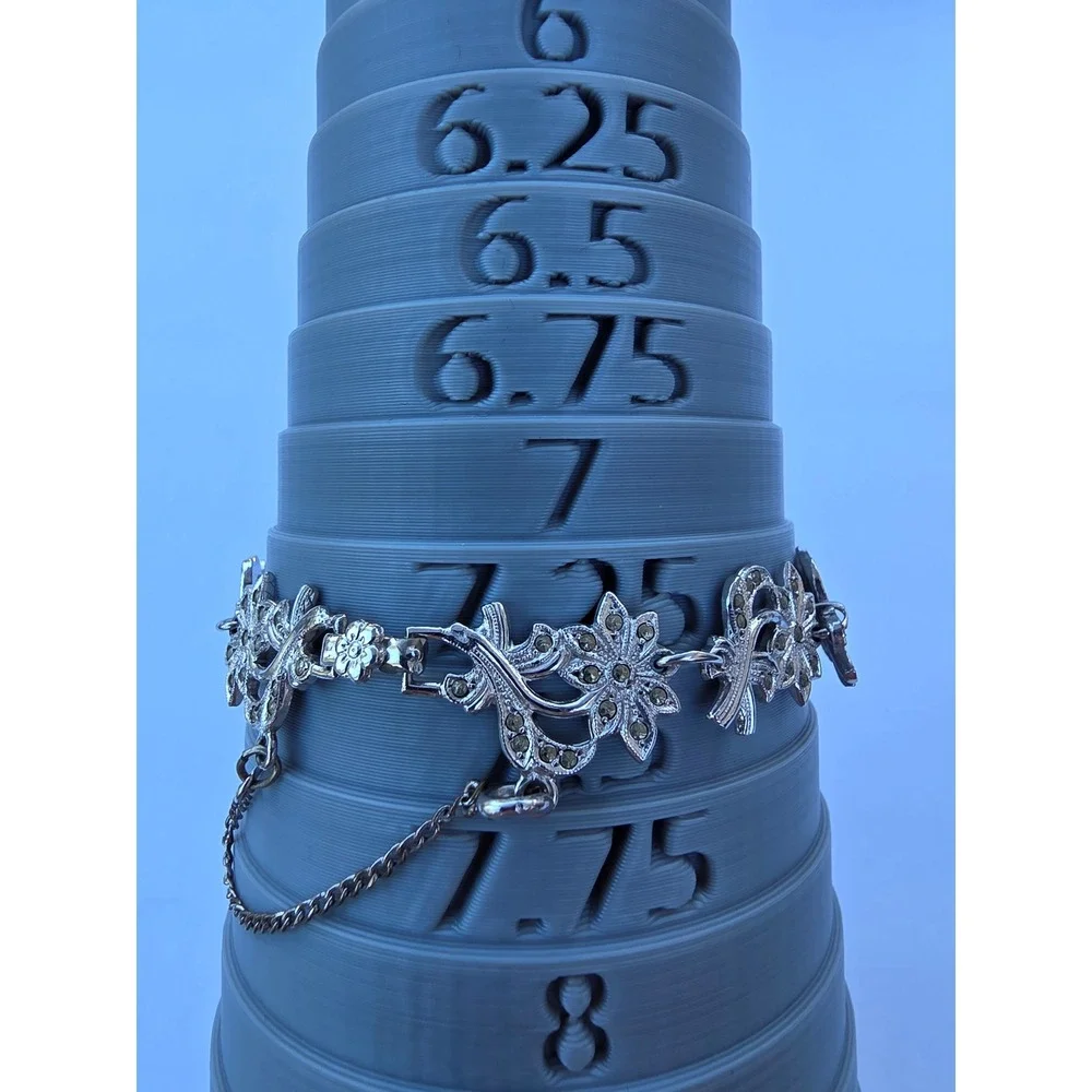 Vintage Marcasite Floral Ribbon Link Bracelet Silver Tone Safety Chain 7.25in